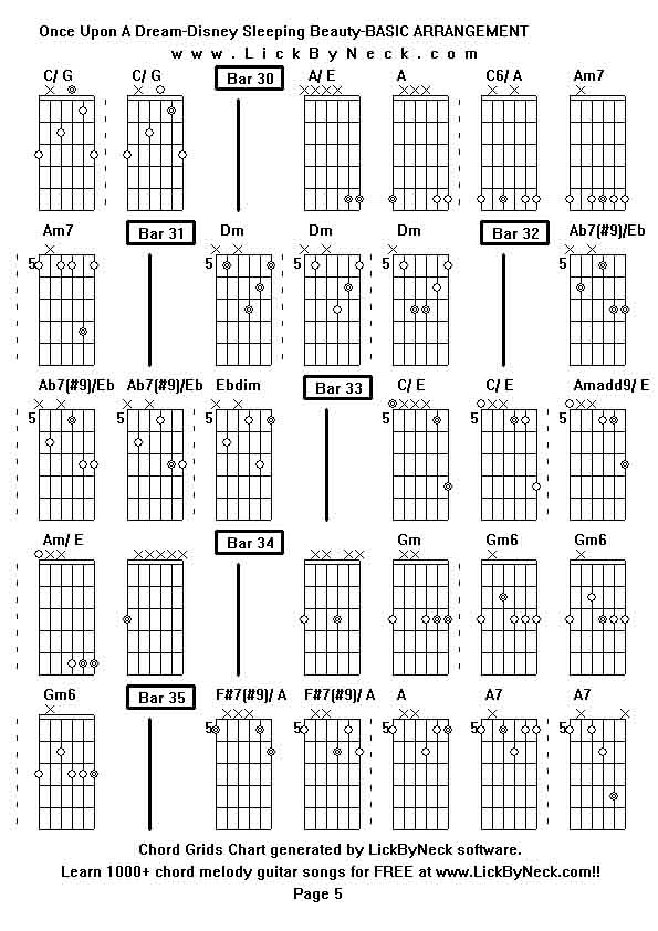 Chord Grids Chart of chord melody fingerstyle guitar song-Once Upon A Dream-Disney Sleeping Beauty-BASIC ARRANGEMENT,generated by LickByNeck software.